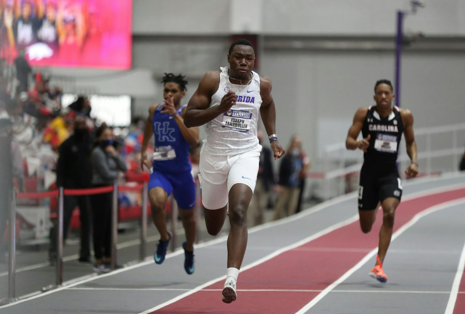 Florida&#x27;s Joseph Fahnbulleh competes during the SEC Indoor Track and Field Championships on Saturday, February 27, 2021 at Randal Tyson Track Center in Fayetteville, Ark. / UAA Communications photo by Alex de la Osa. Fahnbulleh ran the 200-meter dash in 20.39 in Oxford, Mississippi.