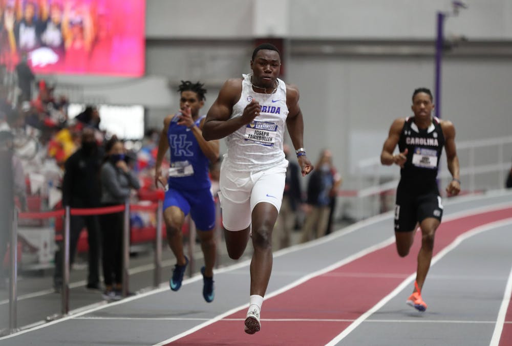 <p>Florida&#x27;s Joseph Fahnbulleh competes during the SEC Indoor Track and Field Championships on Saturday, February 27, 2021 at Randal Tyson Track Center in Fayetteville, Ark. / UAA Communications photo by Alex de la Osa. Fahnbulleh ran the 200-meter dash in 20.39 in Oxford, Mississippi.</p>