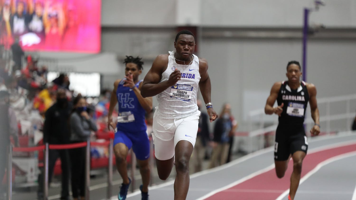 Florida's Joseph Fahnbulleh competes during the SEC Indoor Track and Field Championships on Saturday, February 27, 2021 at Randal Tyson Track Center in Fayetteville, Ark. / UAA Communications photo by Alex de la Osa