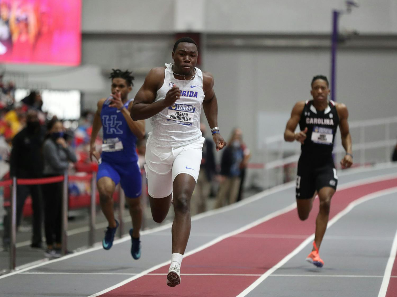 Florida's Joseph Fahnbulleh competes during the SEC Indoor Track and Field Championships on Saturday, February 27, 2021 at Randal Tyson Track Center in Fayetteville, Ark. / UAA Communications photo by Alex de la Osa. Fahnbulleh ran the 200-meter dash in 20.39 in Oxford, Mississippi.