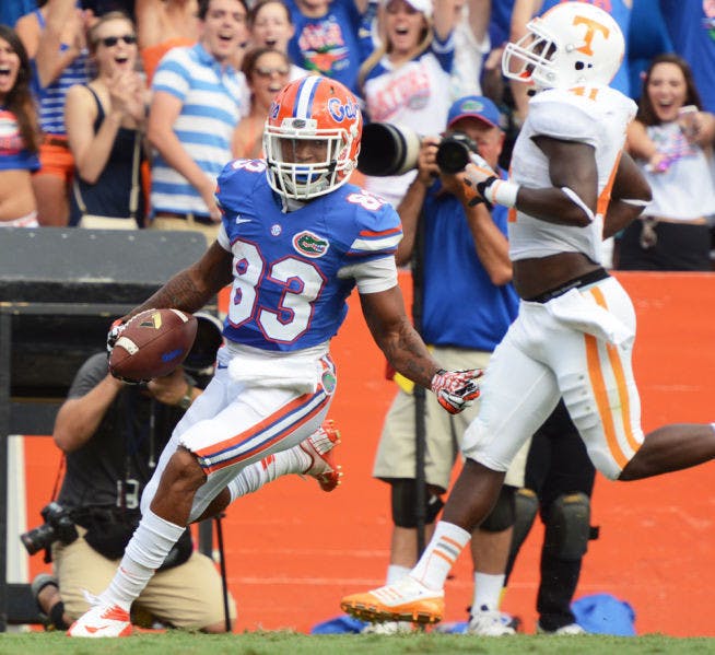 Solomon Patton scores a touchdown during Florida’s 31-17 victory against Tennessee on Saturday in Ben Hill Griffin Stadium. Patton is Florida’s leading receiver in 2013.
