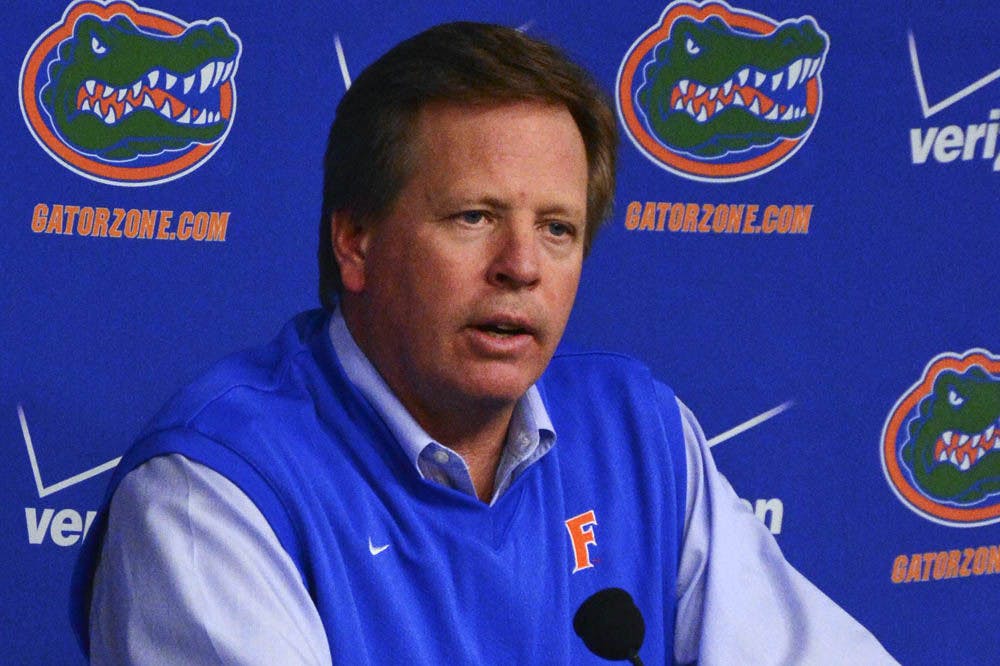 <p>Florida coach Jim McElwain speaks about UF's 2015 recruiting class during a press conference on Feb. 4 in Ben Hill Griffin Stadium.</p>