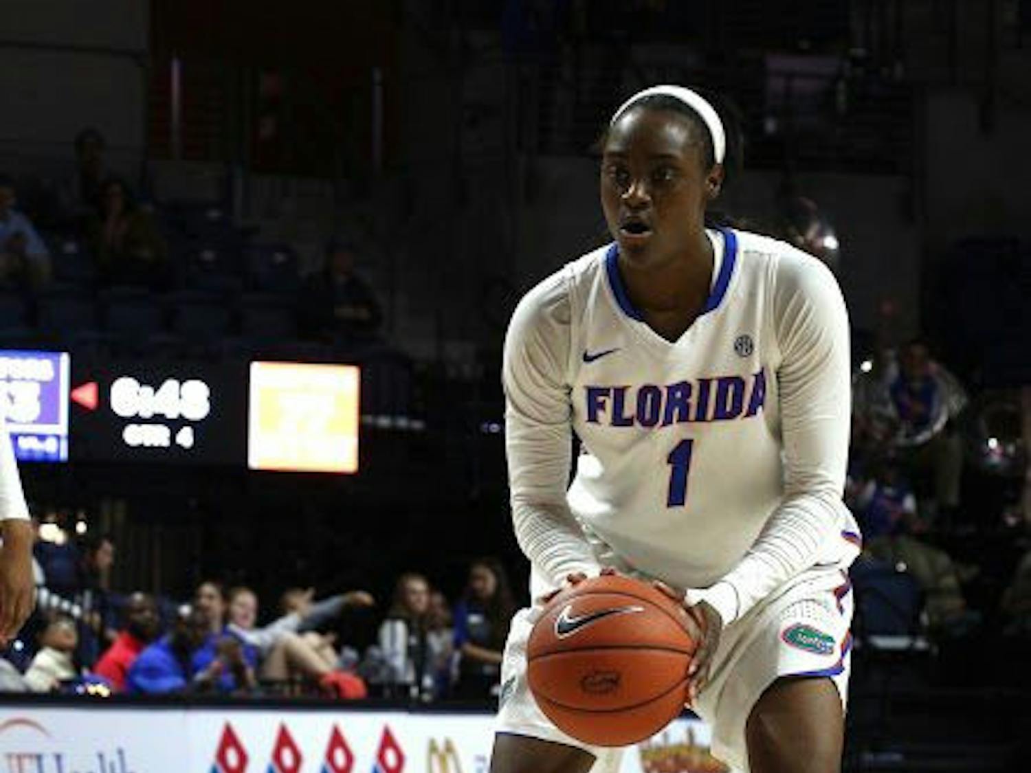 UF forward Ronni Williams prepares to shoot a free throw during Florida's 84-75 loss to Tennessee on Jan. 26, 2017, in the O'Connell Center.