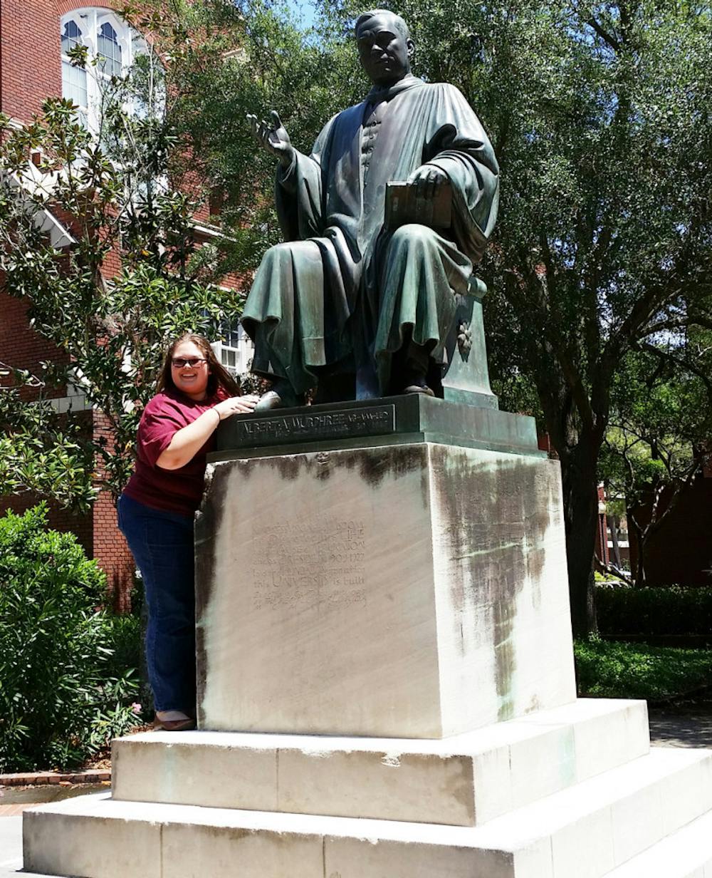 <p class="p1">Madison Todd, a 22-year-old UF political science senior, poses next to the Albert Murphree near Peabody Hall and the Plaza of the Americas.</p>