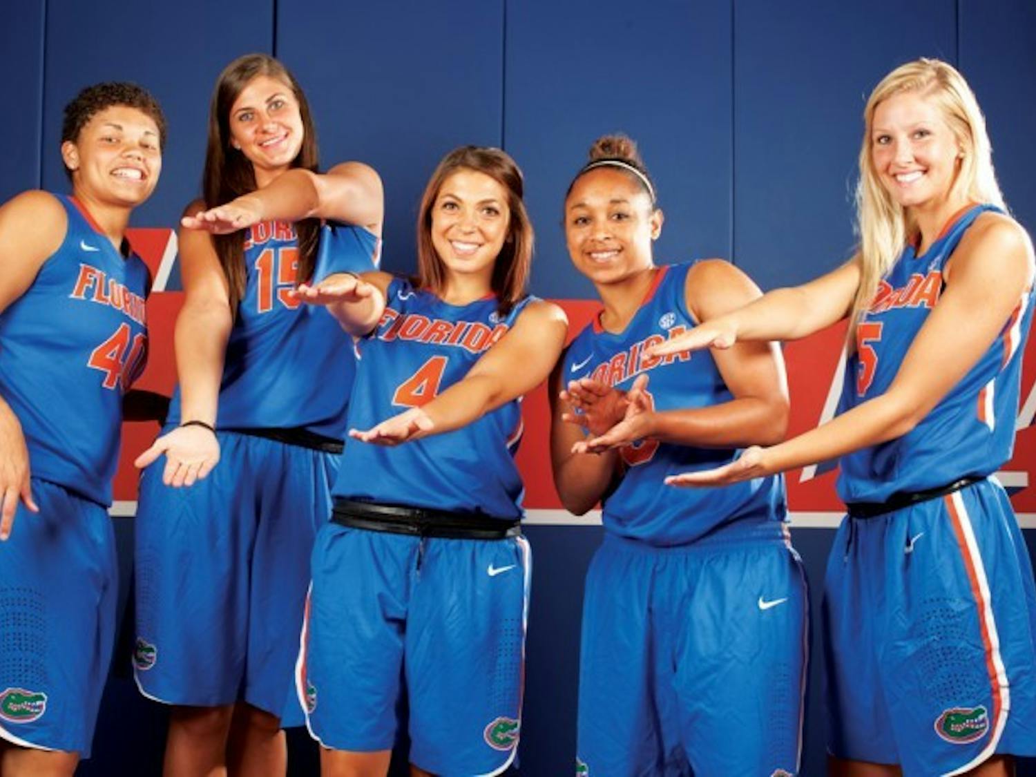 Redshirt freshman Carlie Needles (third from left) poses for a photo with four other freshmen during University of Florida basketball media day on Oct. 10. Needles hit the game-winning three pointer with six seconds left against the N.C. State Wolfpack on Friday night at the South Point Thanksgiving Shootout in Las Vegas.