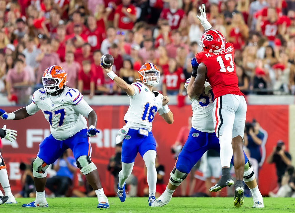 Florida Gators quarterback Aidan Warner (16) throws the ball downfield during the second half at TIAA Bank Field on Saturday, November 02, 2024.