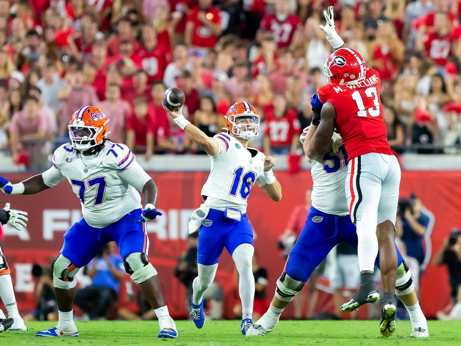Florida Gators quarterback Aidan Warner (16) throws the ball downfield during the second half at TIAA Bank Field on Saturday, November 02, 2024.