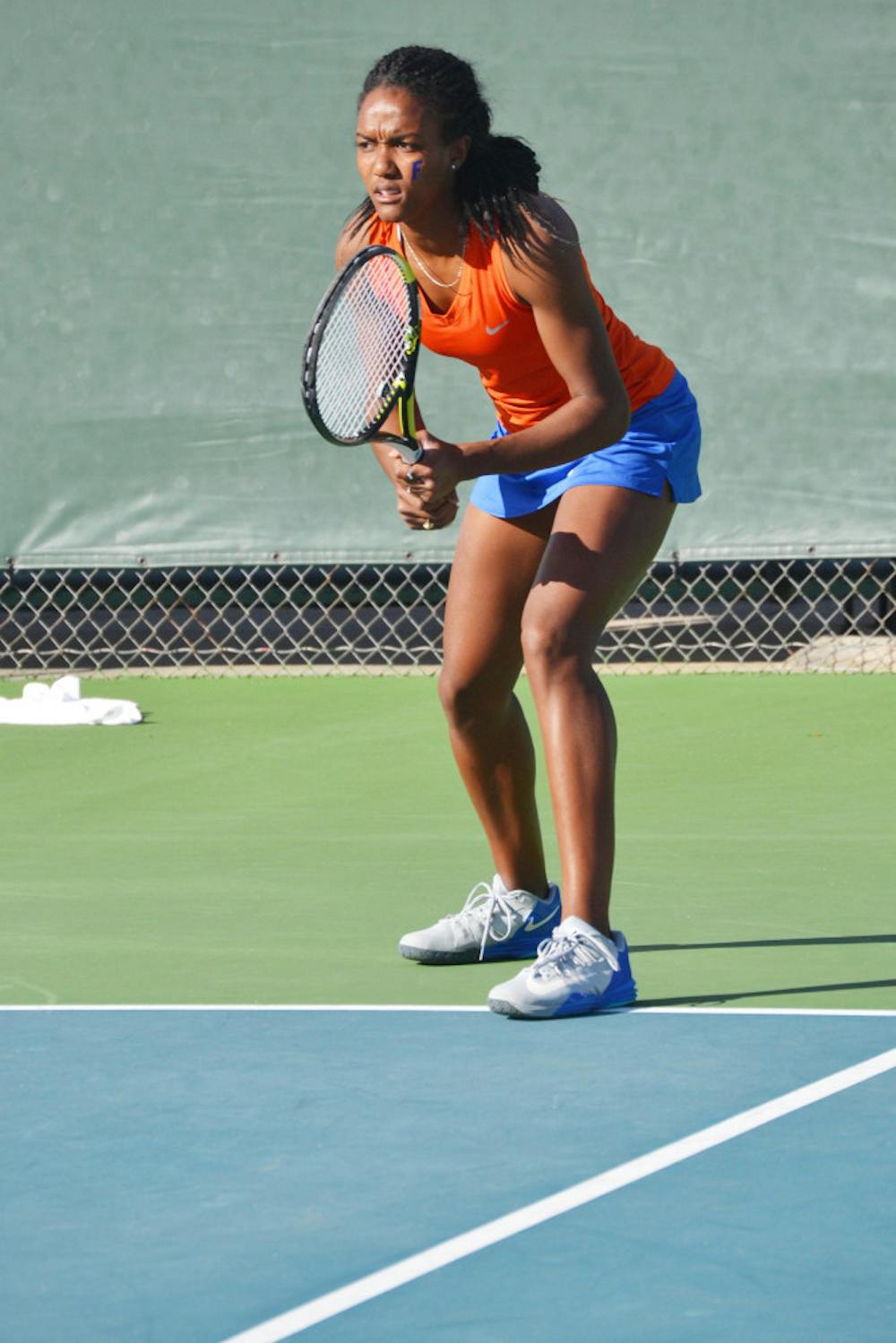<p>Brianna Morgan awaits a serve during Florida's 4-0 win against Maryland on Jan. 25 at the Ring Tennis Complex.</p>