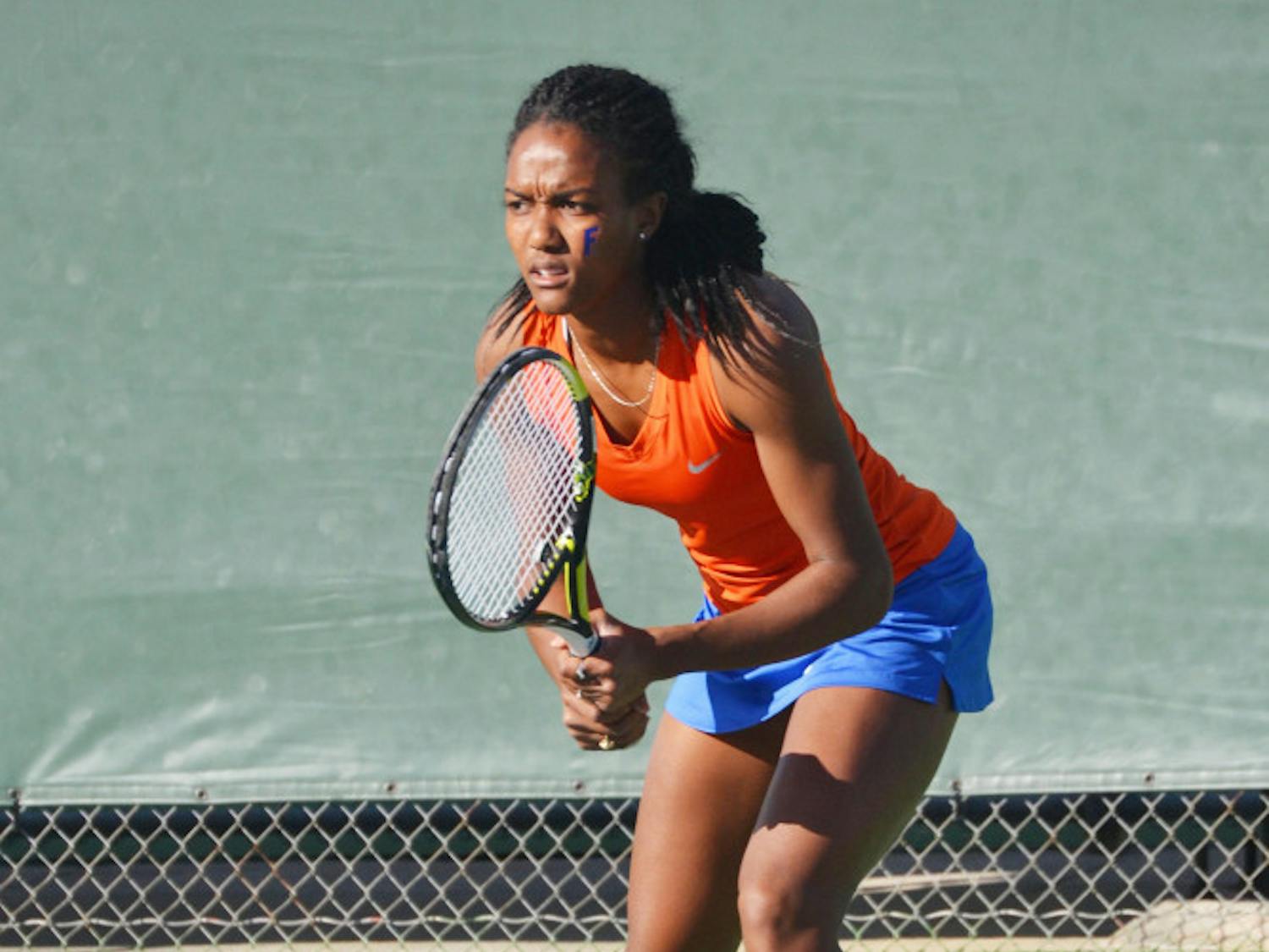 Brianna Morgan awaits a serve during Florida's 4-0 win against Maryland on Jan. 25 at the Ring Tennis Complex.