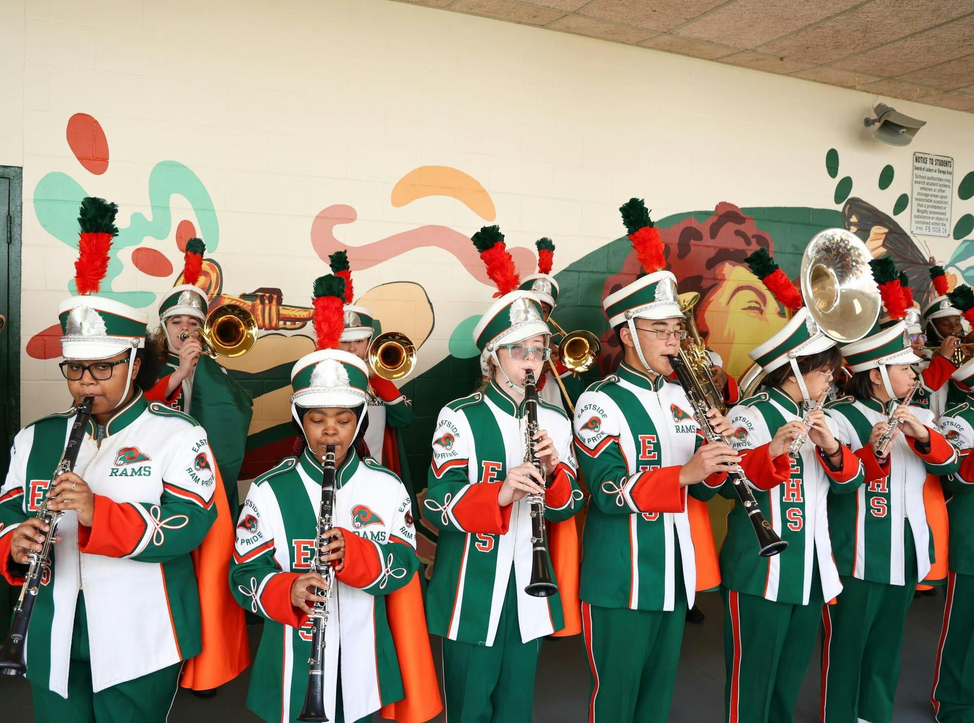 Eastside High School band plays at the unveiling of the mindful messages mural in Gainesville, Fla. on Tuesday March 31, 2026.