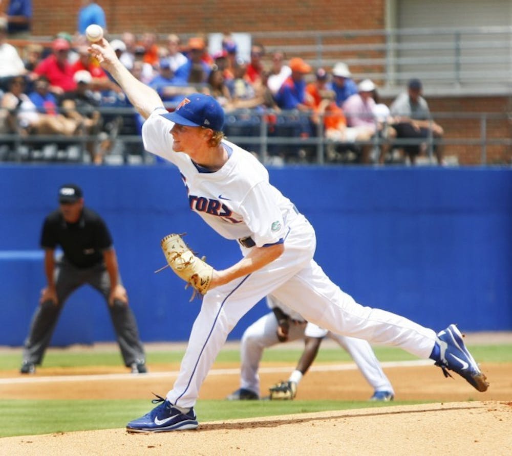 <p>Hudson Randall, pitching in the first inning against North Carolina State Saturday.</p>
<p>&nbsp;</p>