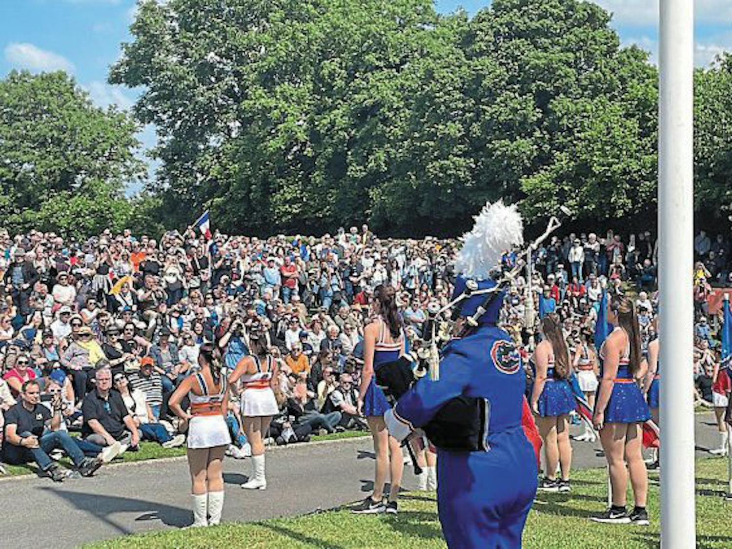Kate Breaux playing bagpipes as part of Florida Gator Band performance in Mont-Ormel, Normandy, France on Thursday, June 6, 2024.