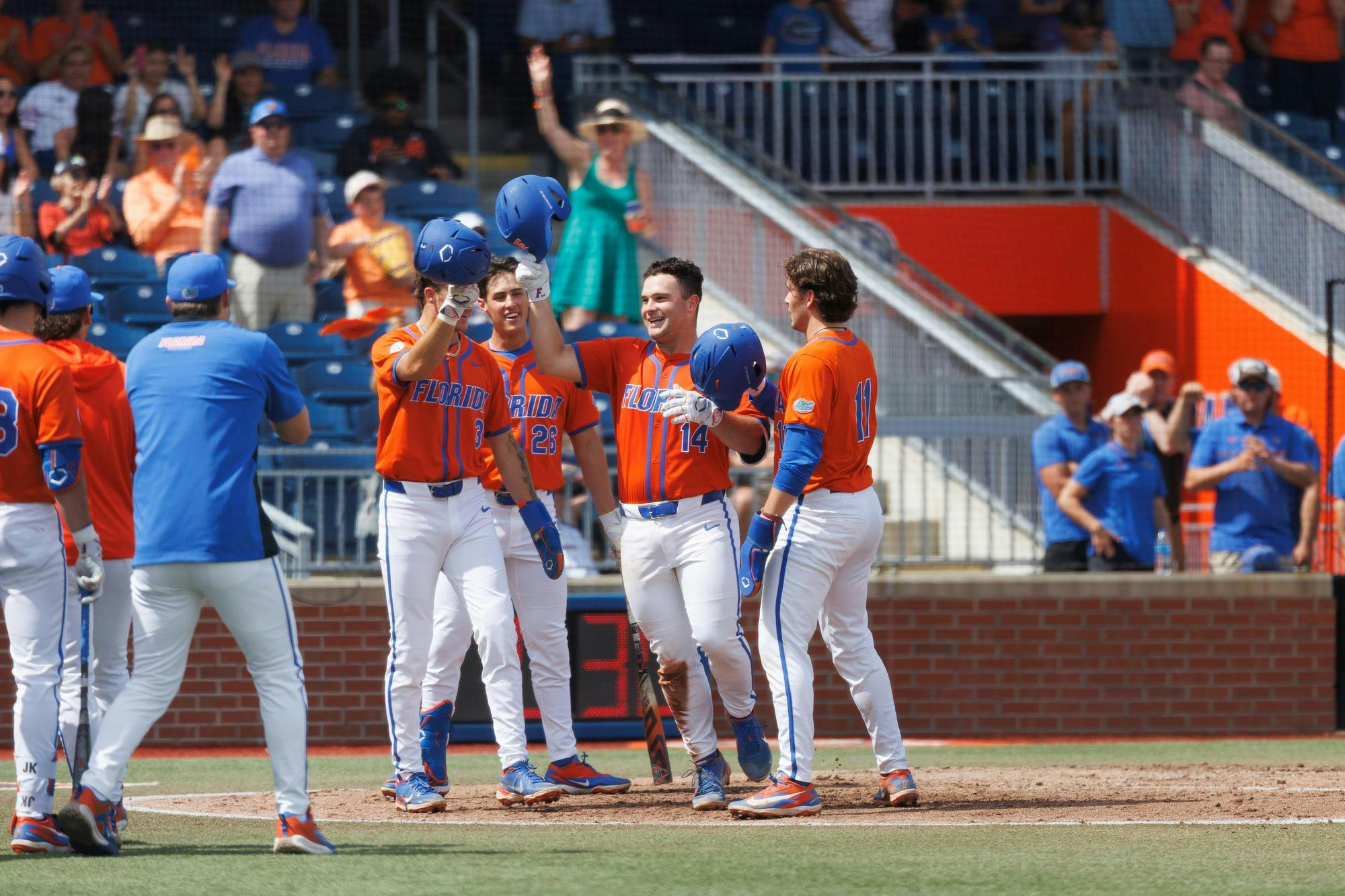 Florida catcher Karson Bowen (14) celebrates hitting a home run during an NCAA baseball game against High Point University, Sunday, March 8, 2026, in Gainesville, Fla.
