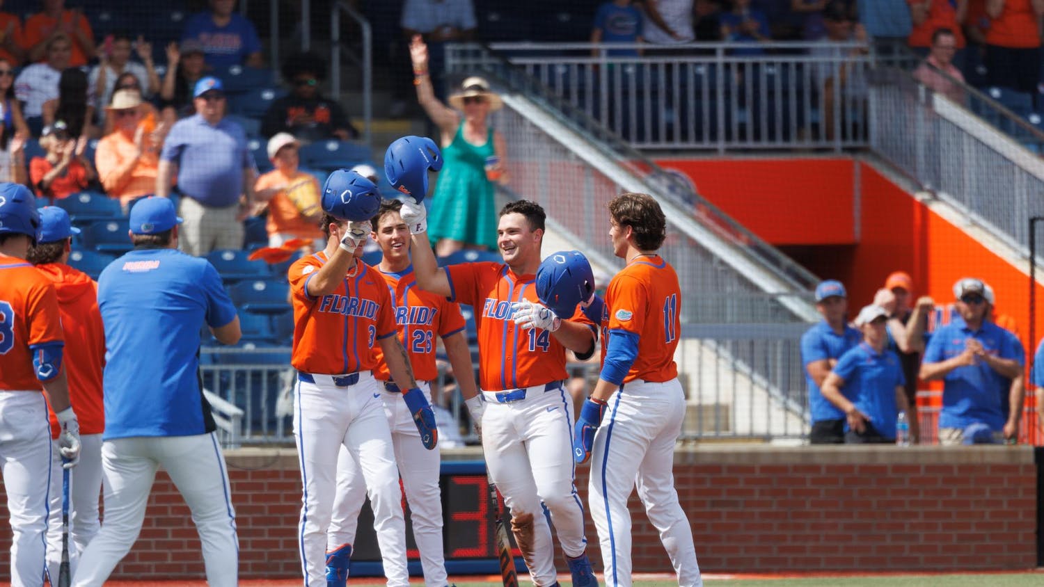 Florida catcher Karson Bowen (14) celebrates hitting a home run during an NCAA baseball game against High Point University, Sunday, March 8, 2026, in Gainesville, Fla.