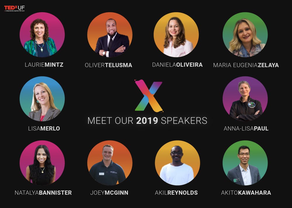 The lineup for the 2019 TEDxUF event, which is on April 6.