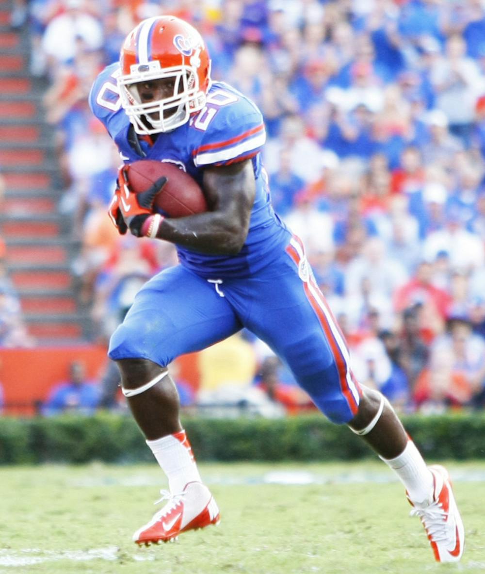 <p>Redshirt senior Omarius Hines runs toward the sideline during UF’s 14-6 victory against LSU on Saturday at Ben Hill Griffin Stadium.</p>