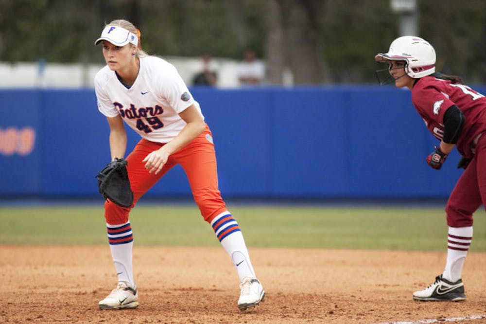 <p class="p1"><span class="s1">Taylor Schwarz prepares for the pitch during Florida’s 8-0 win against Arkansas on March 22 at Katie Seashole Pressly Stadium.&nbsp;</span></p>