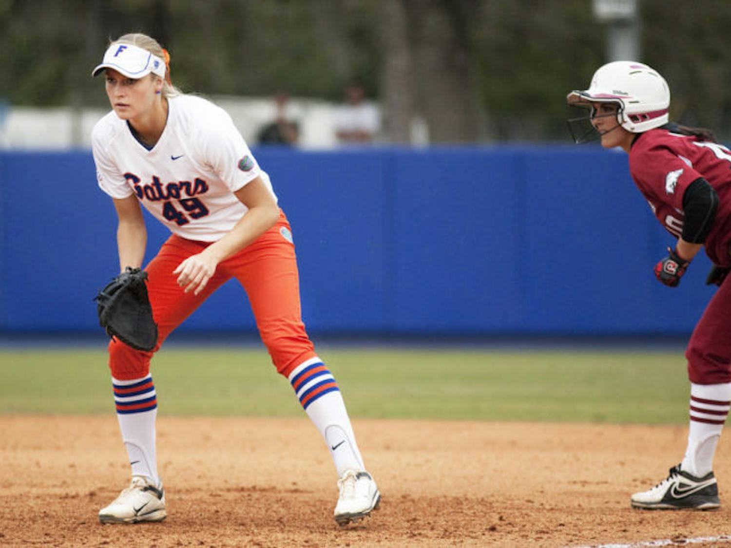 Taylor Schwarz prepares for the pitch during Florida’s 8-0 win against Arkansas on March 22 at Katie Seashole Pressly Stadium.&nbsp;