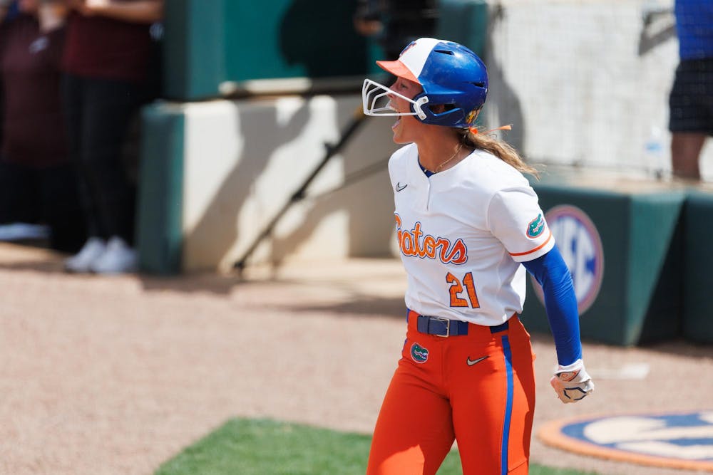 <p>Florida Gators outfielder Taylor Shumaker celebrates after scoring the walk-off run during an NCAA softball game against Mississippi State, Sunday, April 5, 2026, in Gainesville, Fla.</p>
