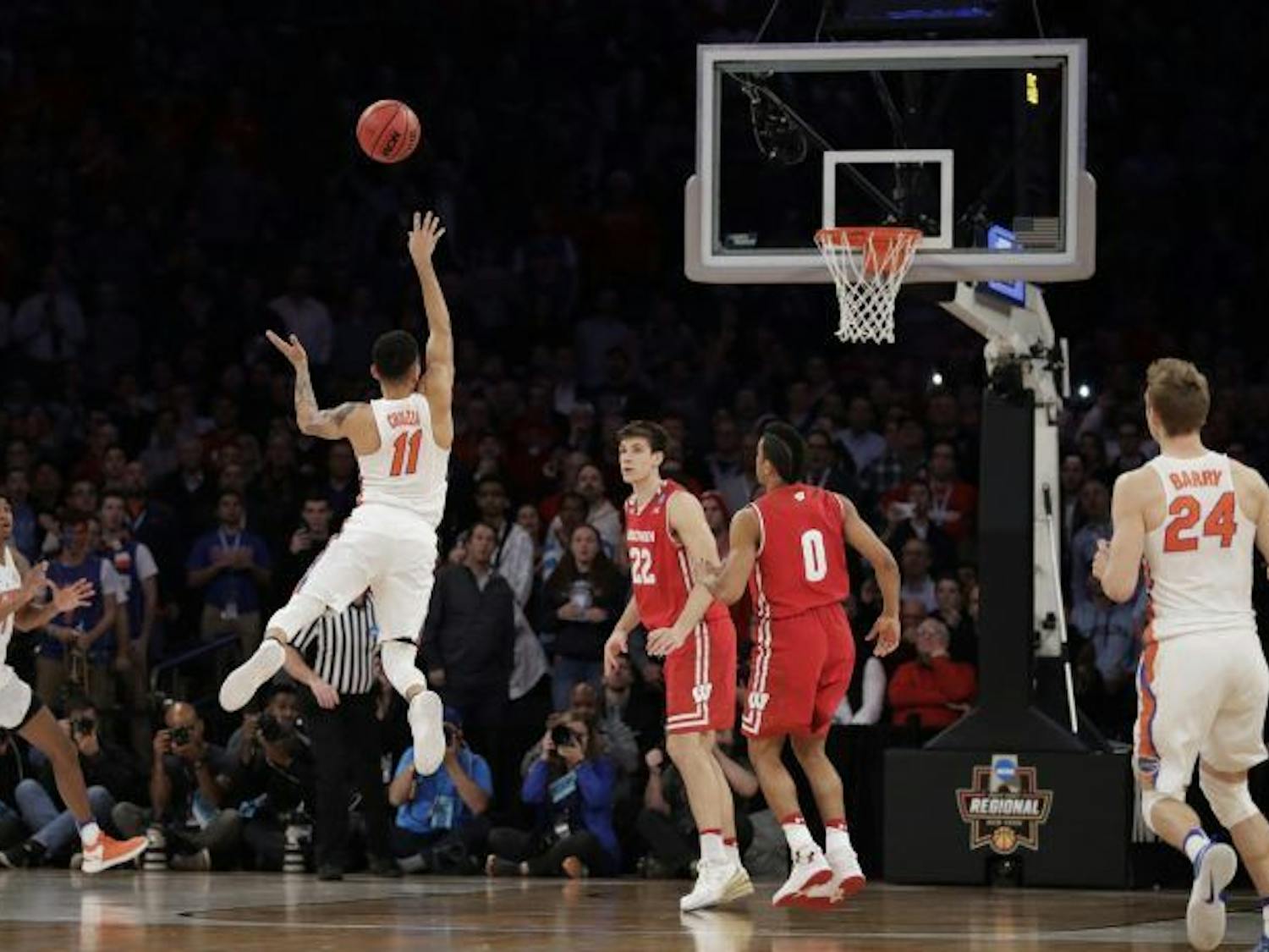 Chris Chiozza takes the final shot of Florida’s 84-83 win against Wisconsin in the Sweet 16 of the NCAA Tournament on March 24, 2017, at Madison Square Garden.
