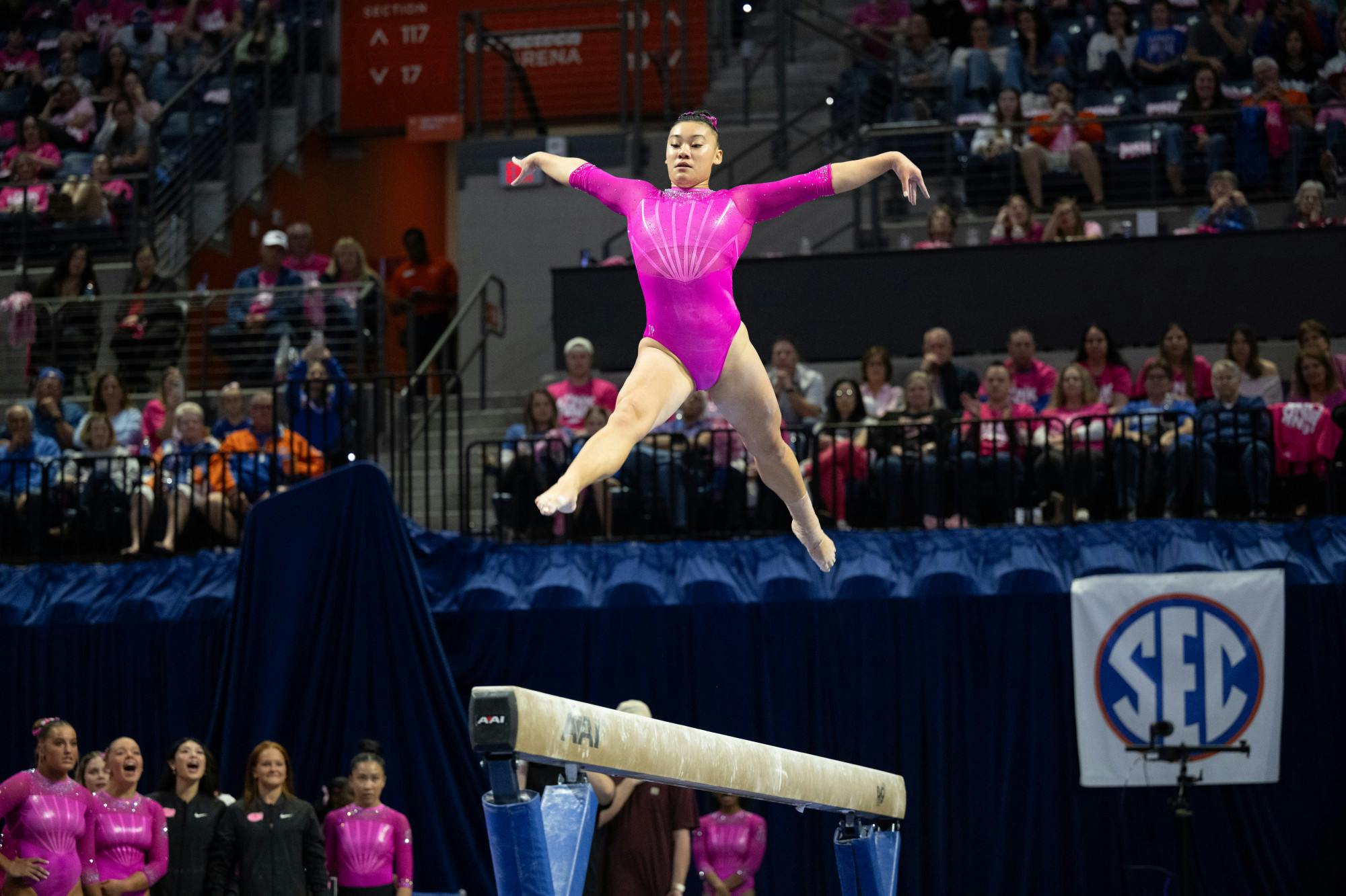 Florida Gators gymnast Leanne Wong preforms on the balance beam in a gymnastics meet against Auburn University in Gainesville, Fla., on Friday, Feb. 14, 2025.