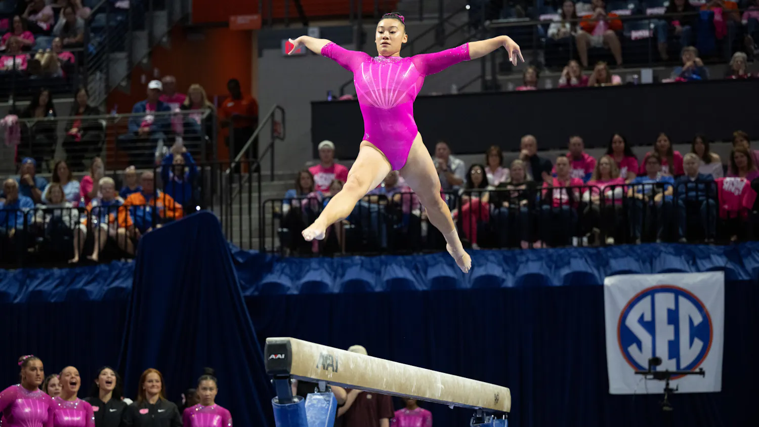Florida Gators gymnast Leanne Wong preforms on the balance beam in a gymnastics meet against Auburn University in Gainesville, Fla., on Friday, Feb. 14, 2025.