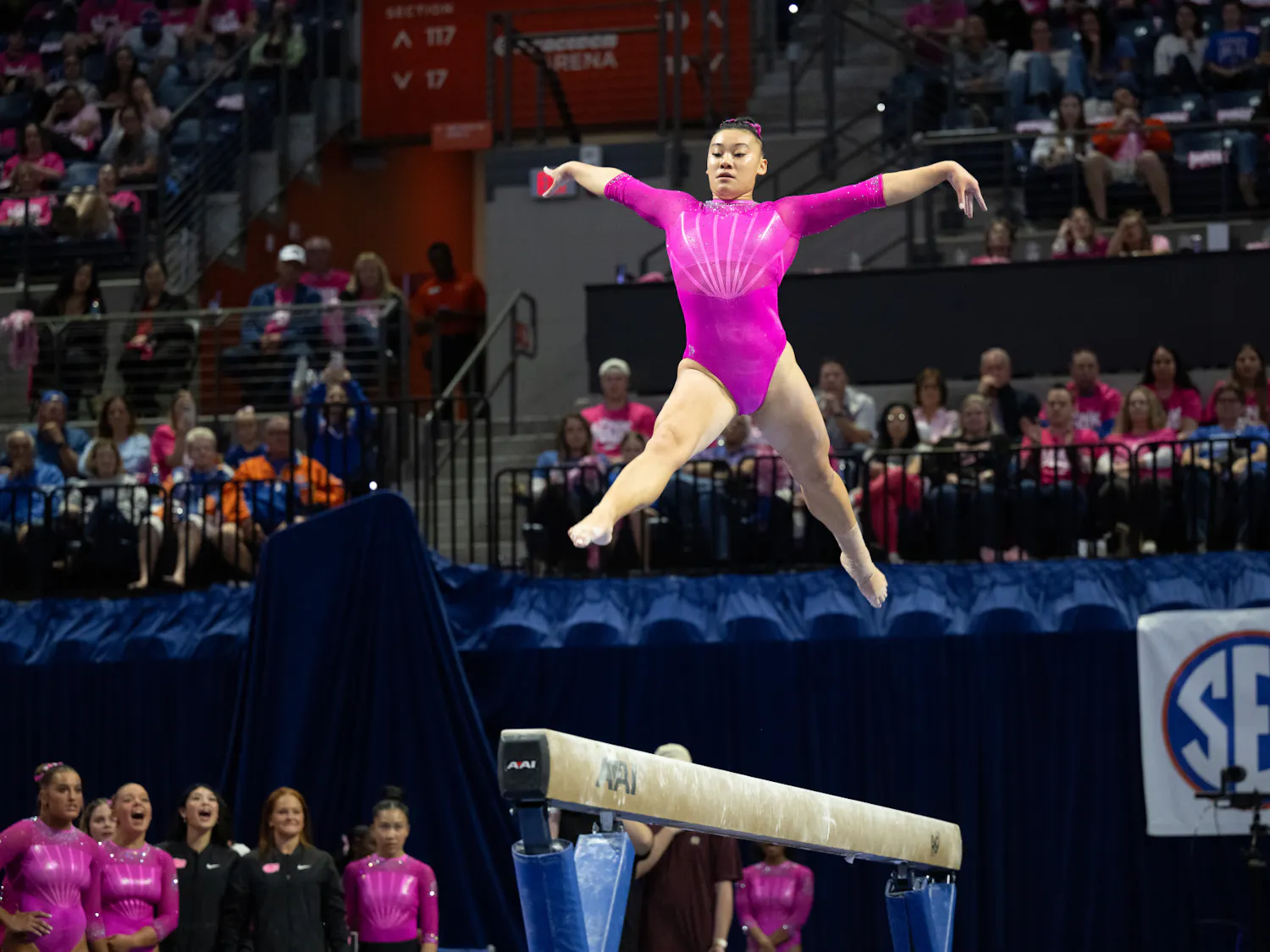 Florida Gators gymnast Leanne Wong preforms on the balance beam in a gymnastics meet against Auburn University in Gainesville, Fla., on Friday, Feb. 14, 2025.