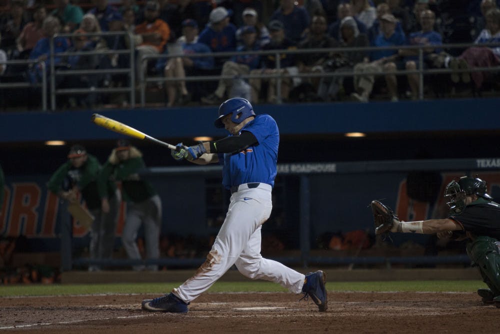 JJ Schwarz swings during Florida's 2-0 win against Miami on Feb. 25, 2017, at McKethan Stadium.