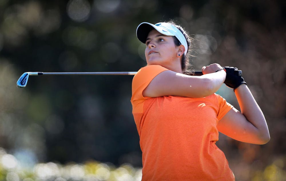 <p>Maria Torres watches her shot during the SunTrust Gator Invitational on March 11, 2017, at the Mark Bostick Golf Course in Gainesville.</p>