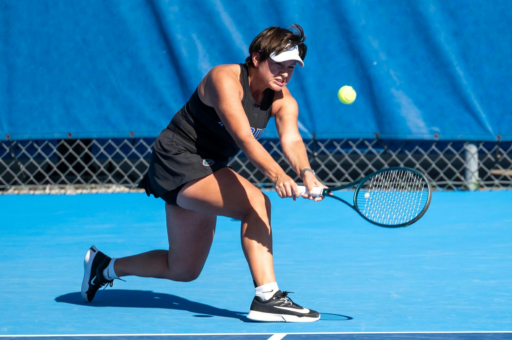 Florida’s Valery Gynina hits the ball during an NCAA women’s tennis match against Troy, Friday, Feb. 13, 2026, in Gainesville, Fla.
