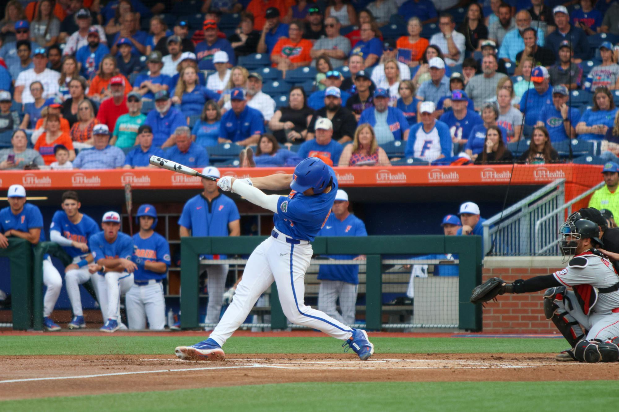 Florida two-way player Jac Caglianone hits the ball in the Gators' 2-1 win over the Georgia Bulldogs Saturday, April 15, 2023