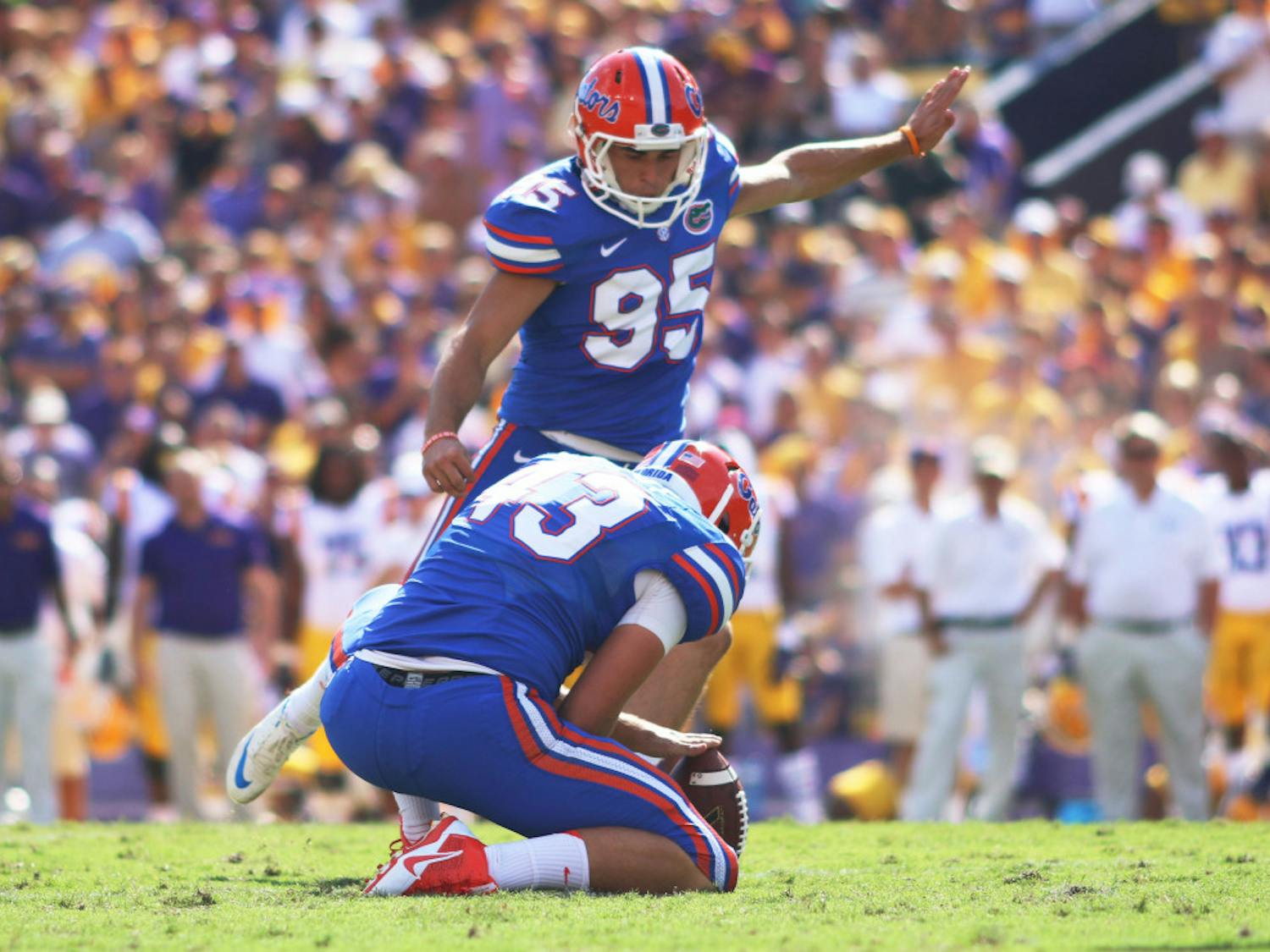 Frankie Velez kicks a field goal during Florida's 17-6 loss to LSU on Saturday in Tiger Stadium in Baton Rouge, La.