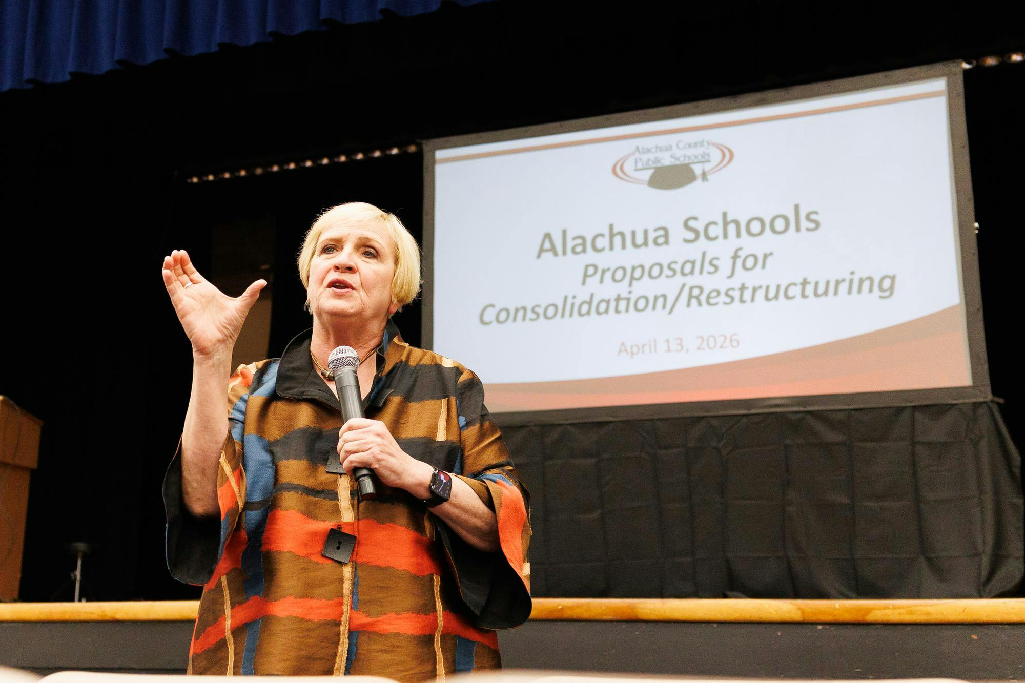 Alachua County Superintendent Kamela Patton speaks at a community rezoning input meeting at A.L. Mebane Middle School in Alachua, Fla., Monday, April 13, 2026.