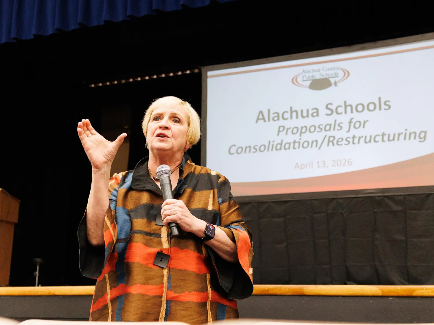 Alachua County Superintendent Kamela Patton speaks at a community rezoning input meeting at A.L. Mebane Middle School in Alachua, Fla., Monday, April 13, 2026.