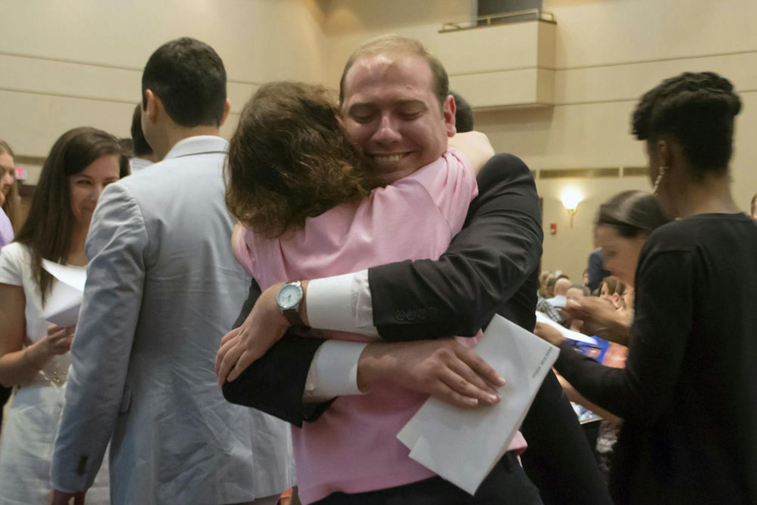 Paul Skelton, a fourth-year UF medical student, embraces his mother, Dr. Nadine Skelton, after finding out the National Resident Matching Program results at UF College of Medicine's annual Match Day. Skelton was matched at the University of Florida for internal medicine. UF was his first-choice residency program.