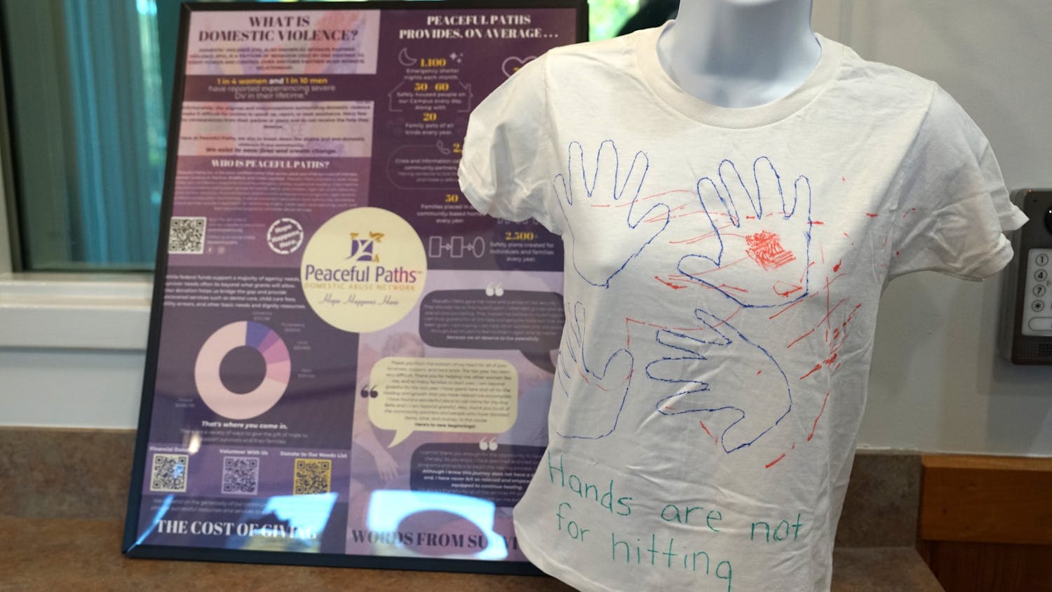 A t-shirt decorated by a survivor of domestic violence is displayed in the lobby of the Alachua Police Department on Saturday, Oct. 28, 2023.