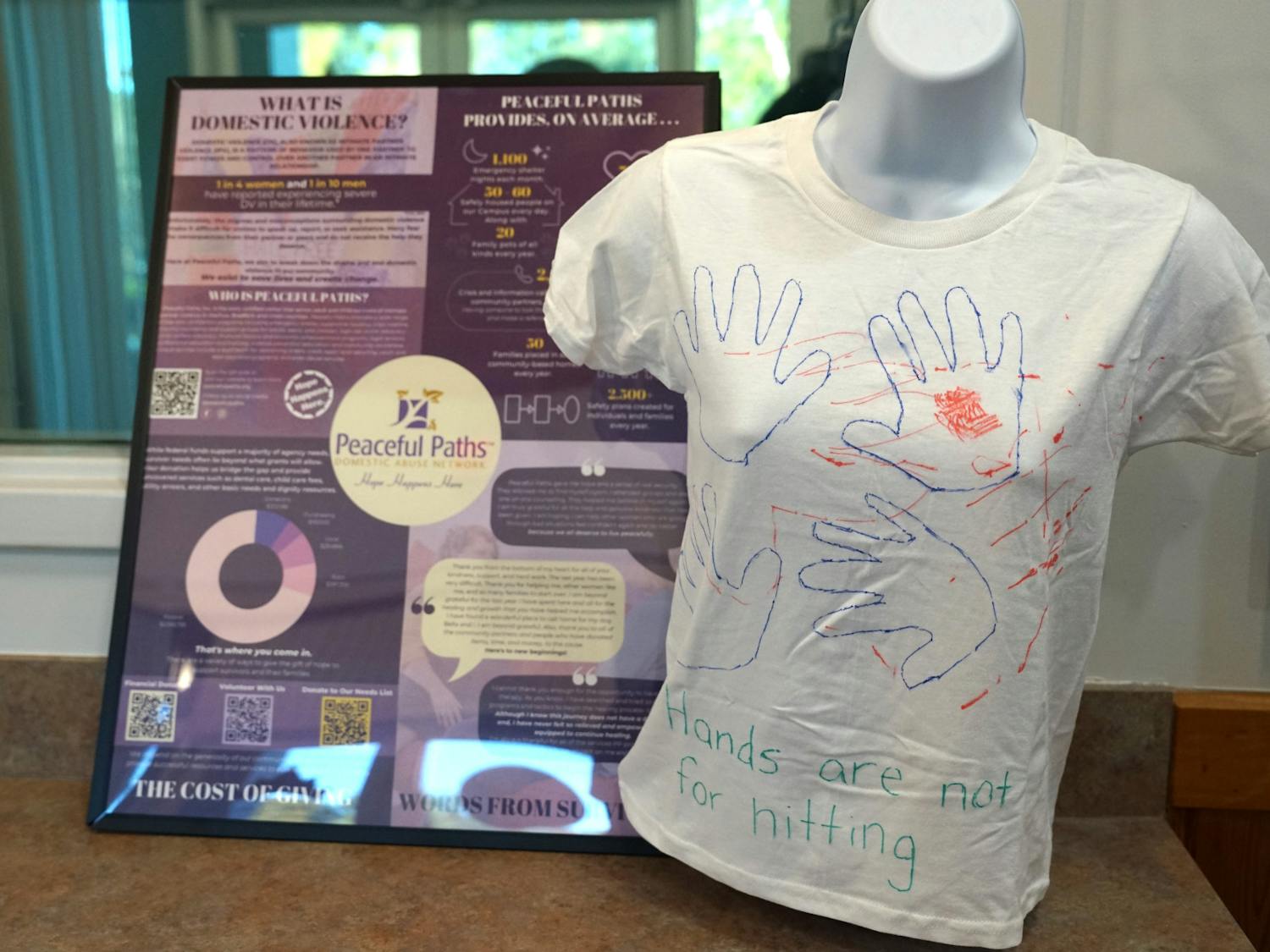 A t-shirt decorated by a survivor of domestic violence is displayed in the lobby of the Alachua Police Department on Saturday, Oct. 28, 2023.