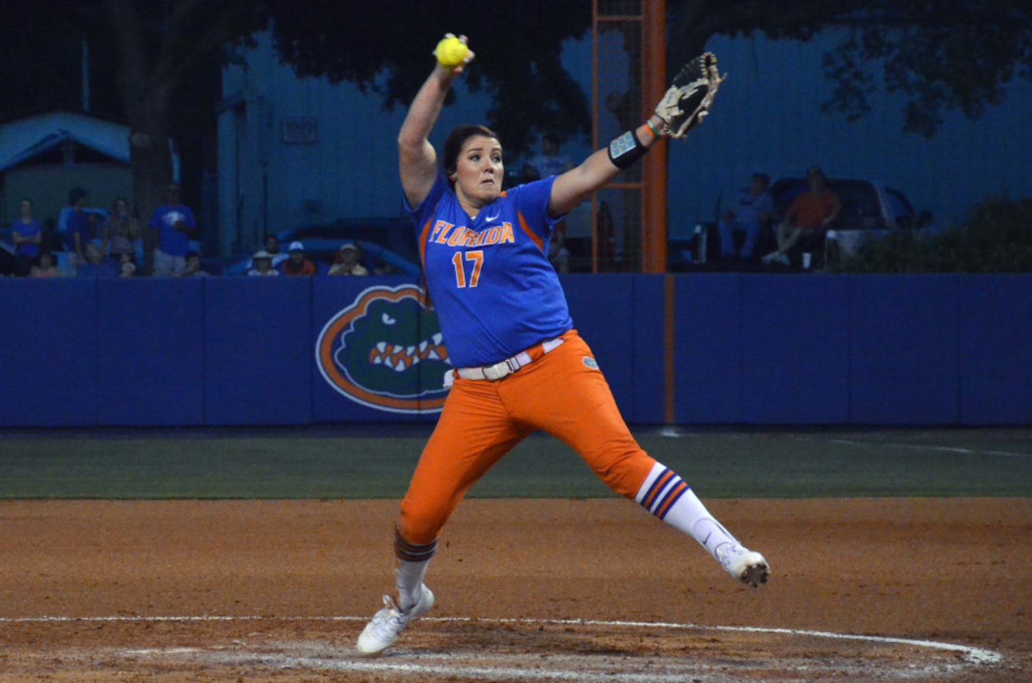 UF's Lauren Haeger pitches during Florida's 5-0 win against Florida State on April 22, 2015, at Katie Seashole Pressly Stadium.