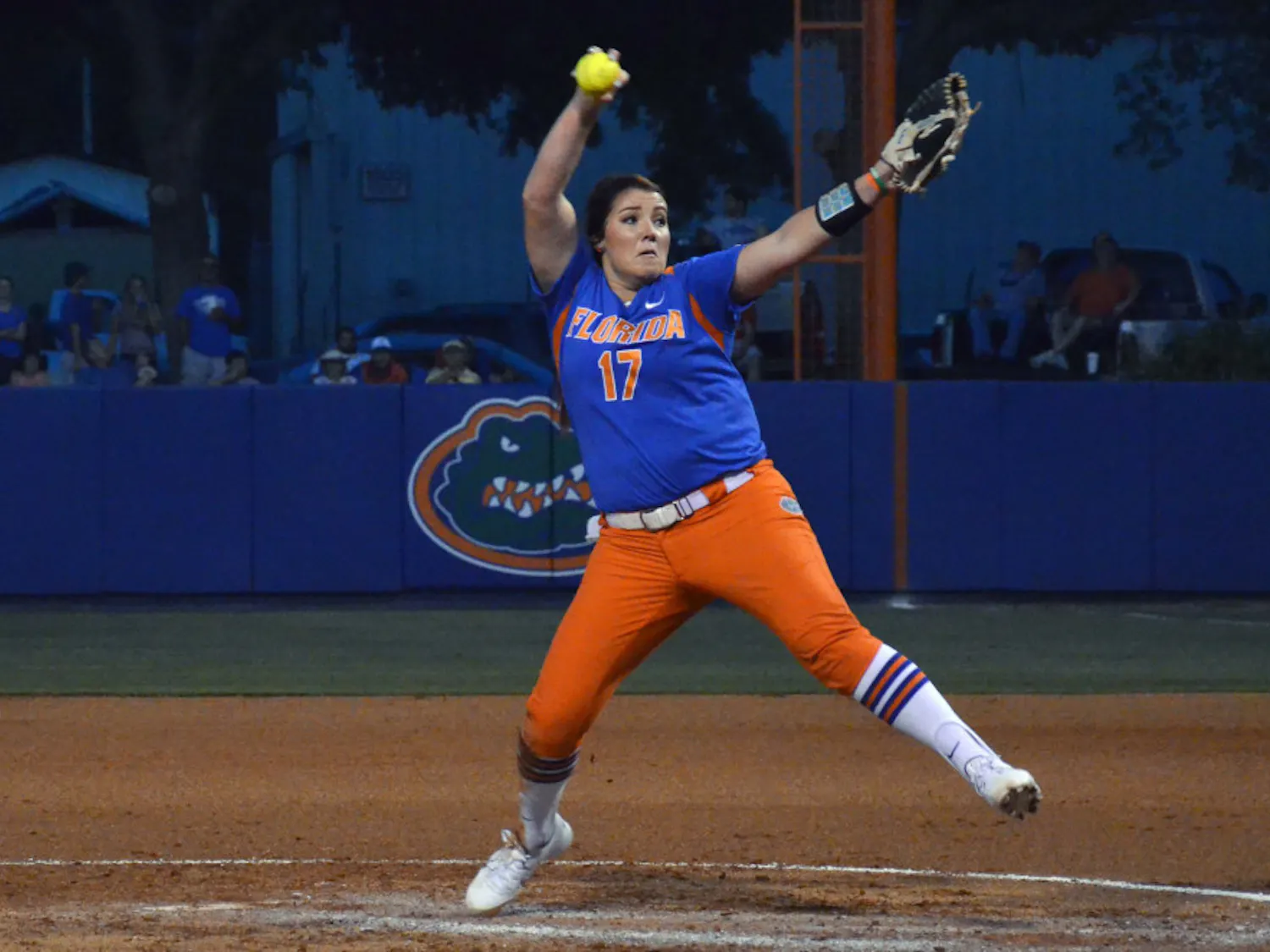 UF's Lauren Haeger pitches during Florida's 5-0 win against Florida State on April 22, 2015, at Katie Seashole Pressly Stadium.