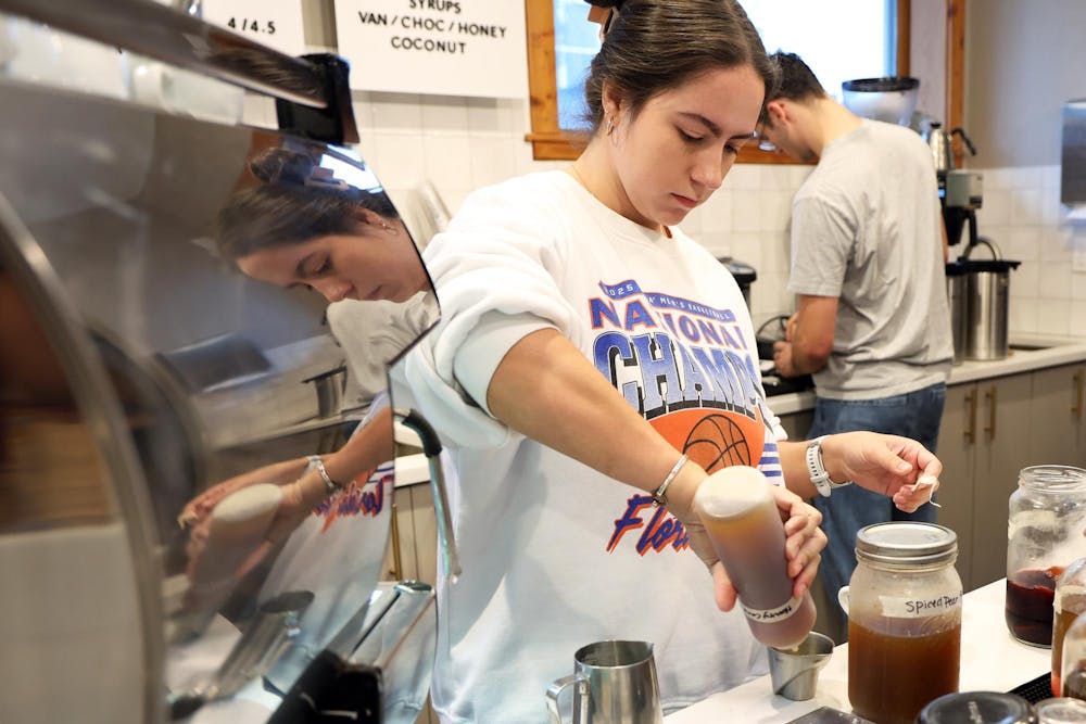 Rachel Barrios mixes a seasonal fall drink during Pascal's Coffeehouse’s semesterly barista competition to decide new specialty menu items on Tuesday, Sept. 16, 2025.