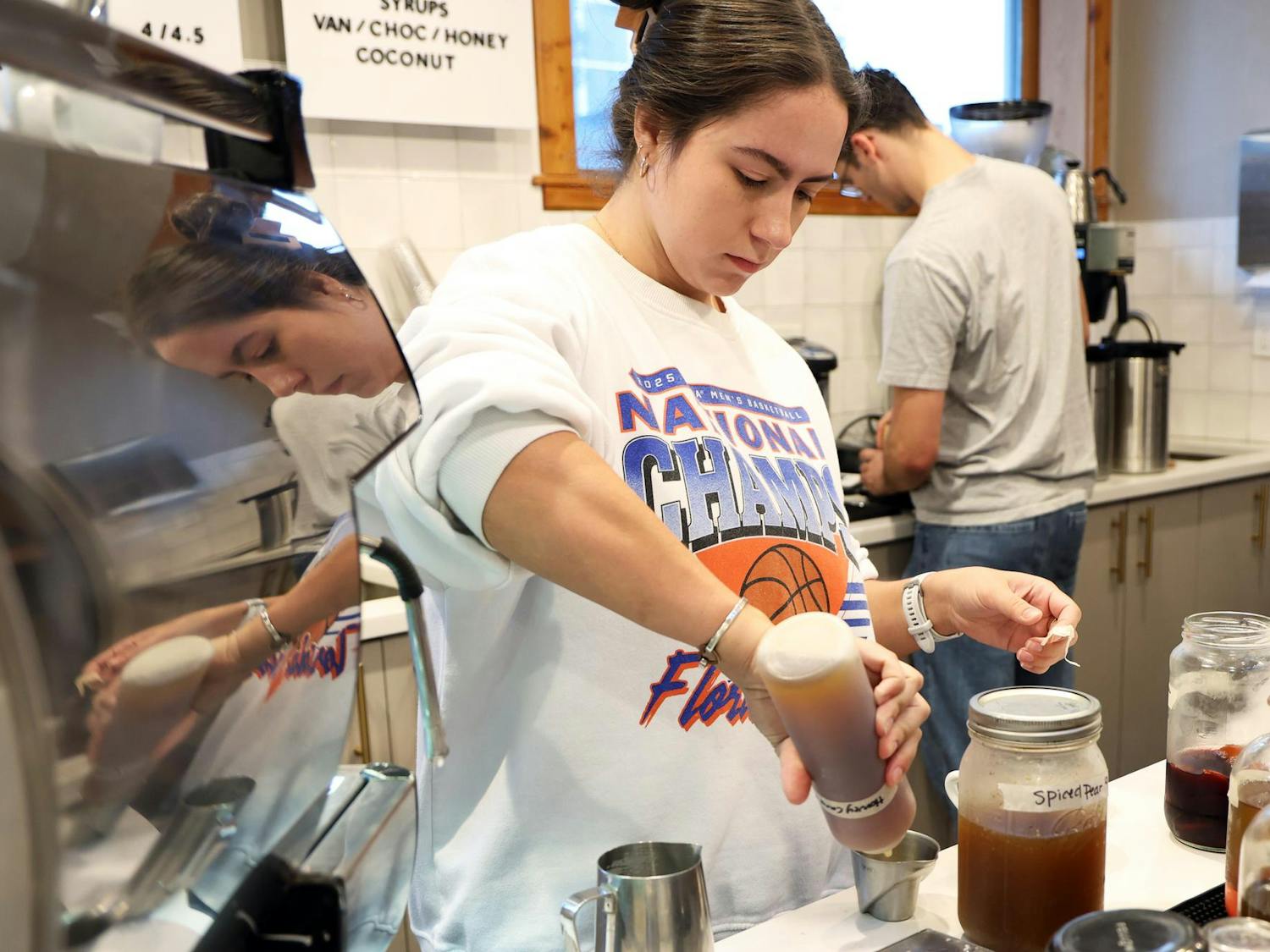 Rachel Barrios mixes a seasonal fall drink during Pascal's Coffeehouse’s semesterly barista competition to decide new specialty menu items on Tuesday, Sept. 16, 2025.