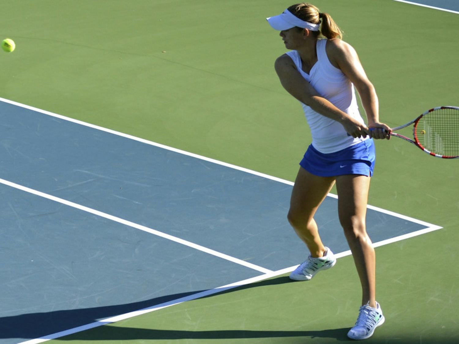 Belinda Woolcock prepares to swing during the second day of the Bedford Cup on Oct. 11 at the Ring Tennis Complex.