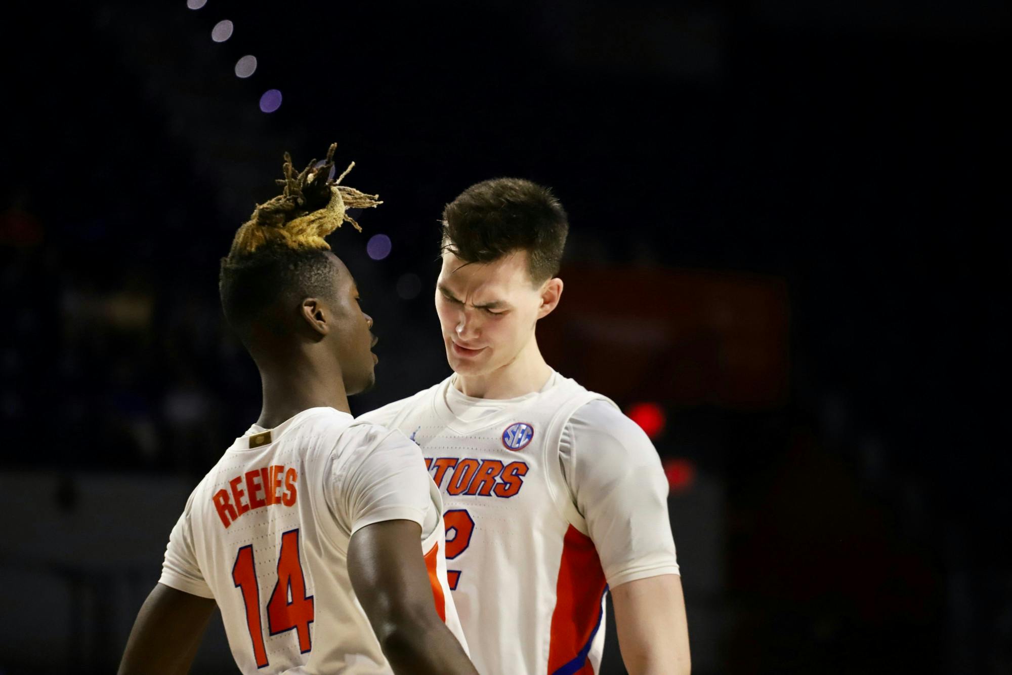 Guard Kowacie Reeves (left) and forward Colin Castleton (right) celebrate during Florida&#x27;s win over Iona in the first round of the NIT March 16, 2022. Both players will be centerpieces of the 2022-2023 team under new head coach Todd Golden. 