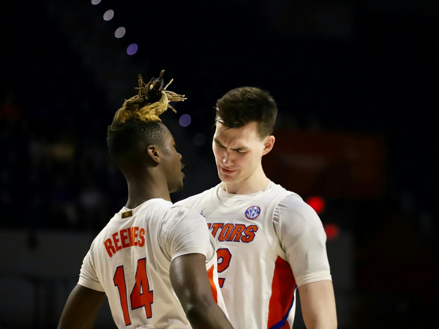 Guard Kowacie Reeves (left) and forward Colin Castleton (right) celebrate during Florida's win over Iona in the first round of the NIT March 16, 2022. Both players will be centerpieces of the 2022-2023 team under new head coach Todd Golden.