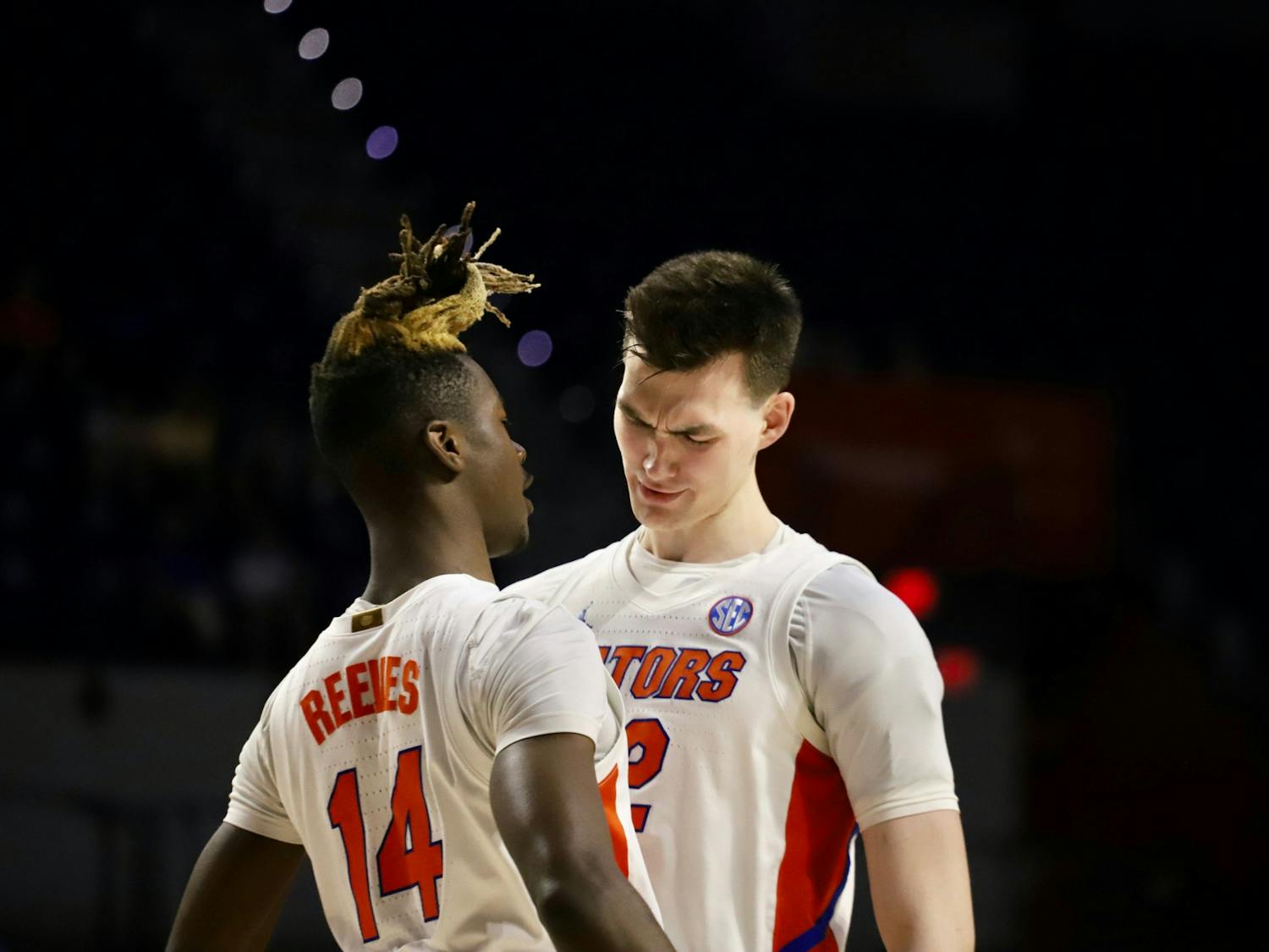 Guard Kowacie Reeves (left) and forward Colin Castleton (right) celebrate during Florida&#x27;s win over Iona in the first round of the NIT March 16, 2022. Both players will be centerpieces of the 2022-2023 team under new head coach Todd Golden. 