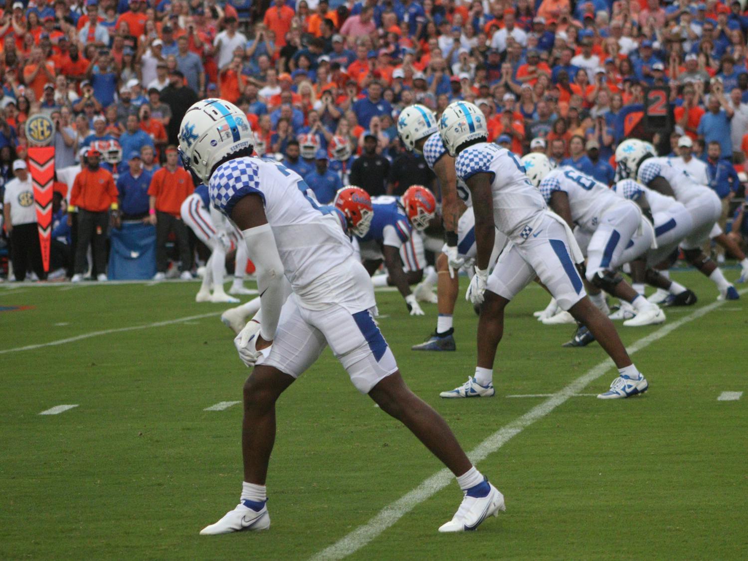 Kentucky's offense lines up during the first half of its 26-16 win over Florida Saturday, Sept. 10, 2021. 