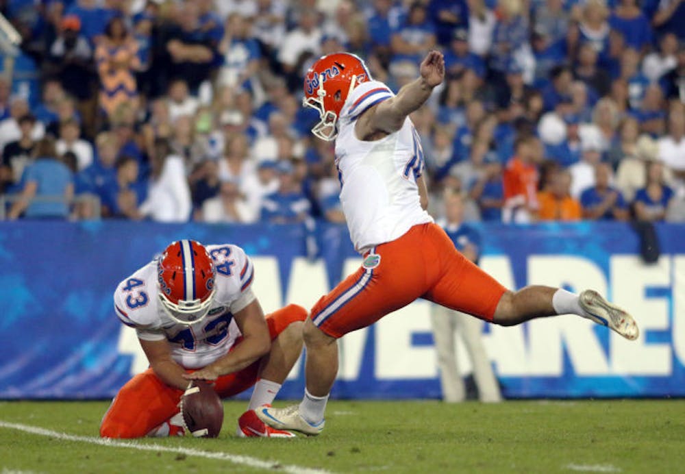 <p>Austin Hardin attempts a field goal during Florida’s 24-7 win against Kentucky on Saturday in Lexington, Ky. Hardin has made four of his seven tries this season.</p>