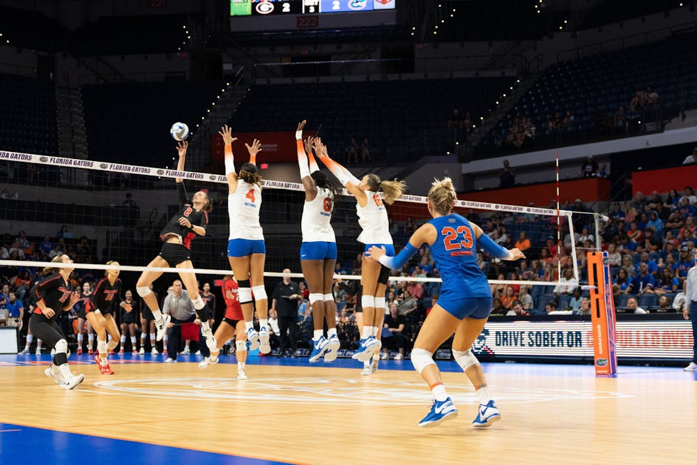 Florida sets up its defense in the Gators’ 3-2 win against the Georgia Bulldogs on Sunday, Sept. 24, 2023.