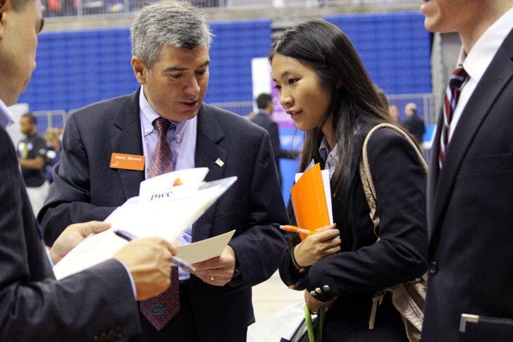 Accounting sophomore Lin Chen interviews with PricewaterhouseCoopers on Tuesday afternoon at the Career Resource Center’s Career Showcase in the Stephen C. O’Connell Center.