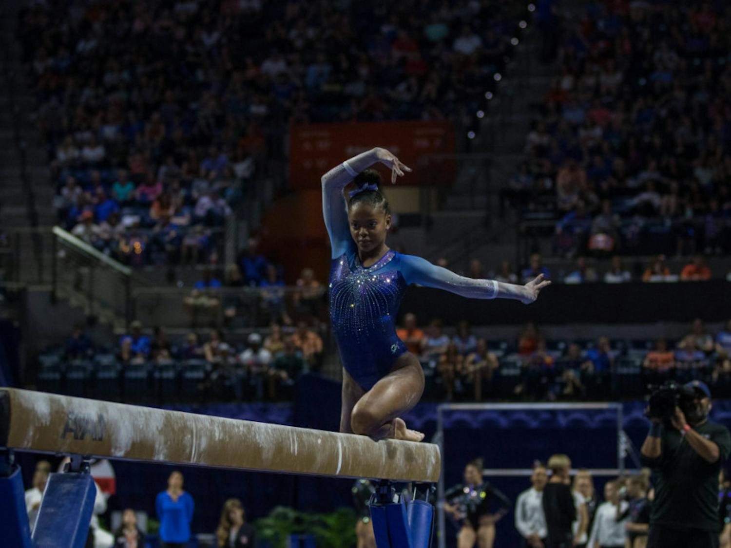 Freshman Trinity Thomas scored a 9.925 on vault and a 9.975 on her floor routine in the Gators regular-season finale win over Penn State on Friday.